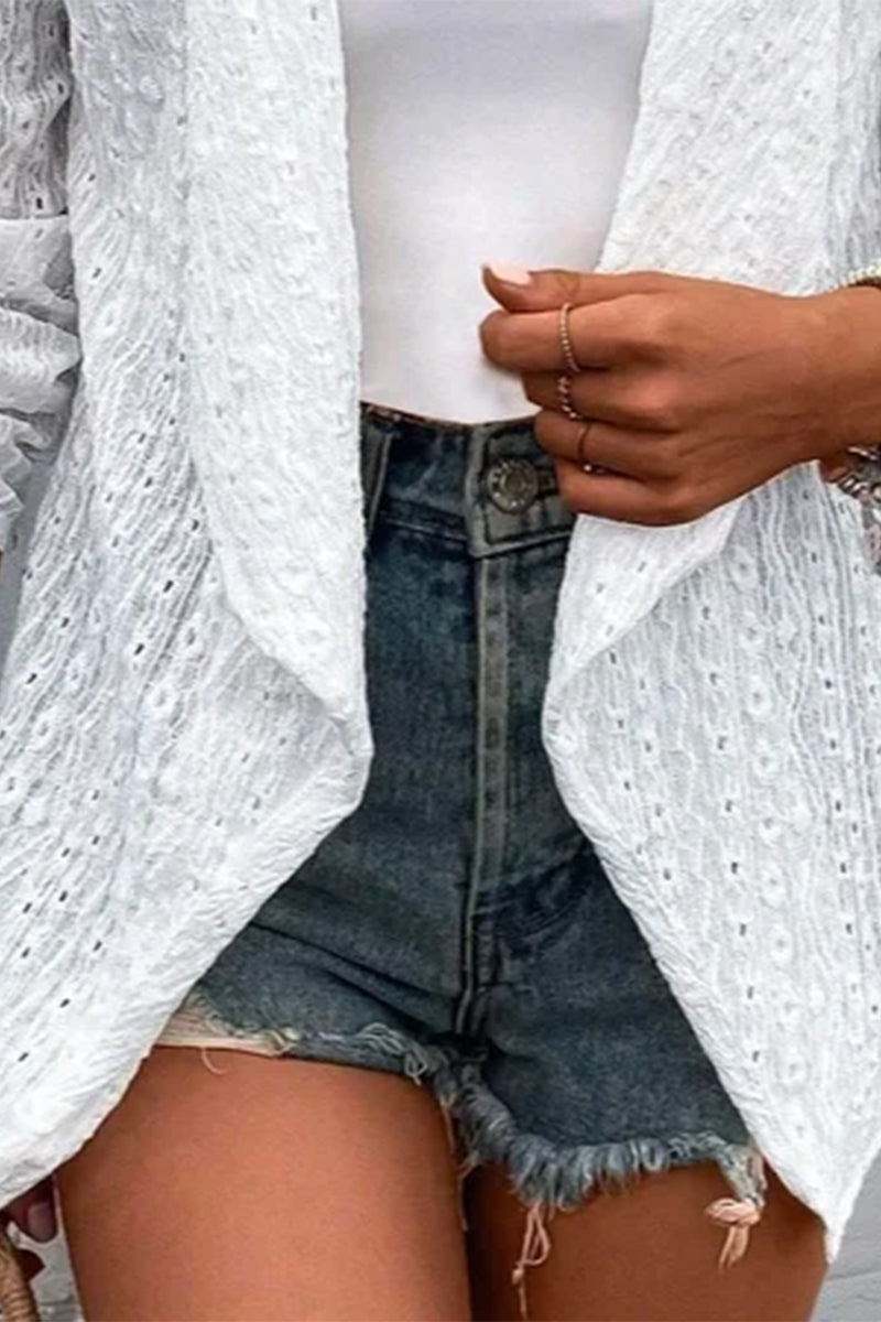 Kaynafashions - Simplicity Solid Hollowed Out Cardigan Collar Outerwear