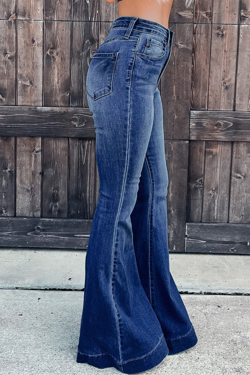 Kaynafashions - Street Solid Patchwork High Waist Boot Cut Denim Jeans