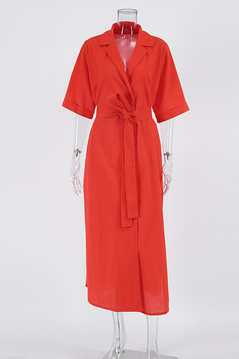 Kaynafashions - Casual Solid Bandage Patchwork Turn-back Collar Straight Dresses