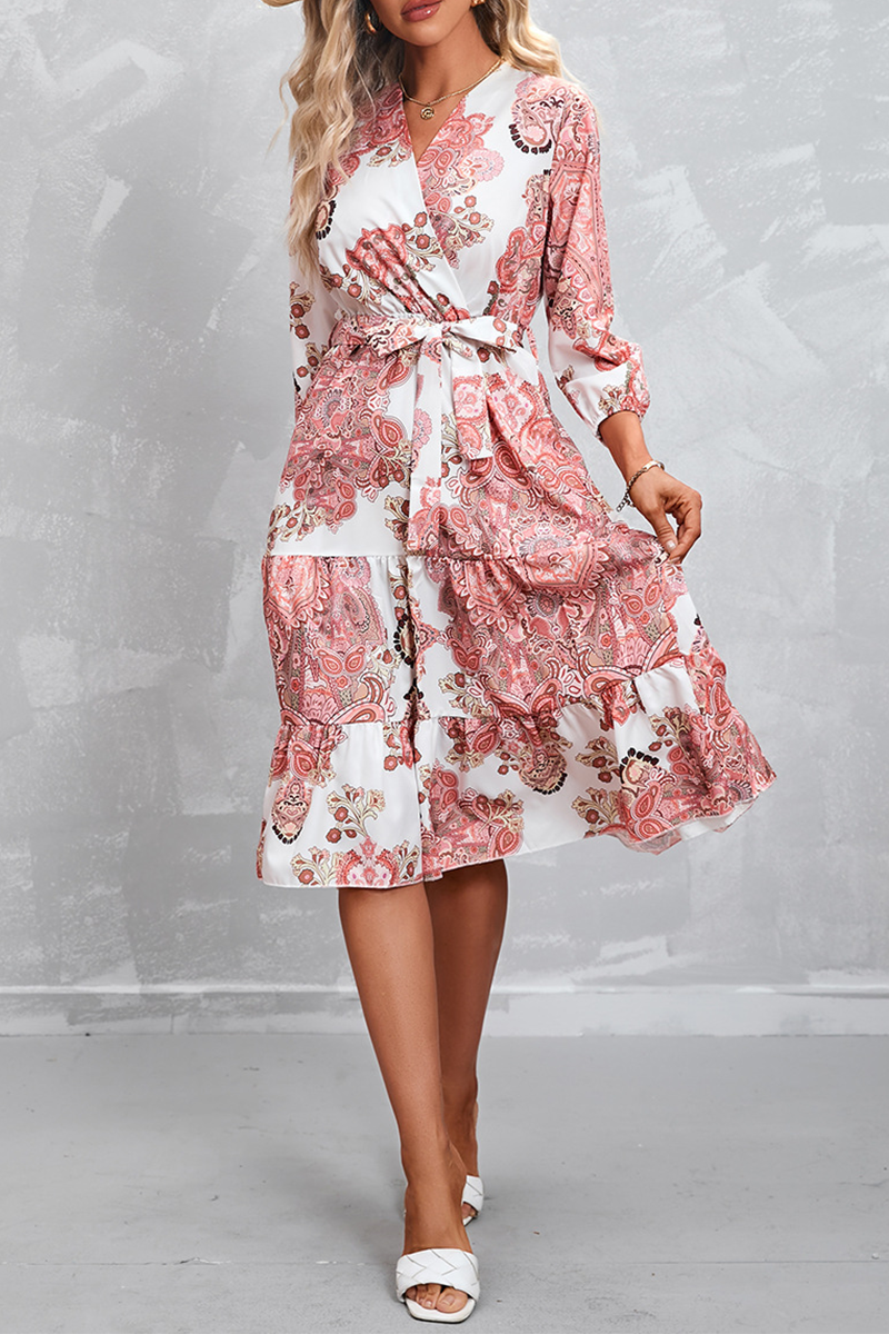 Kaynafashions - Fashion Print Patchwork V Neck Waist Skirt Dresses