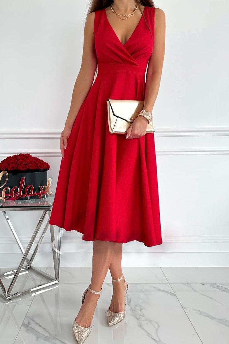 Kaynafashions - Sweet Elegant Solid Fold V Neck Sleeveless Dress Dresses