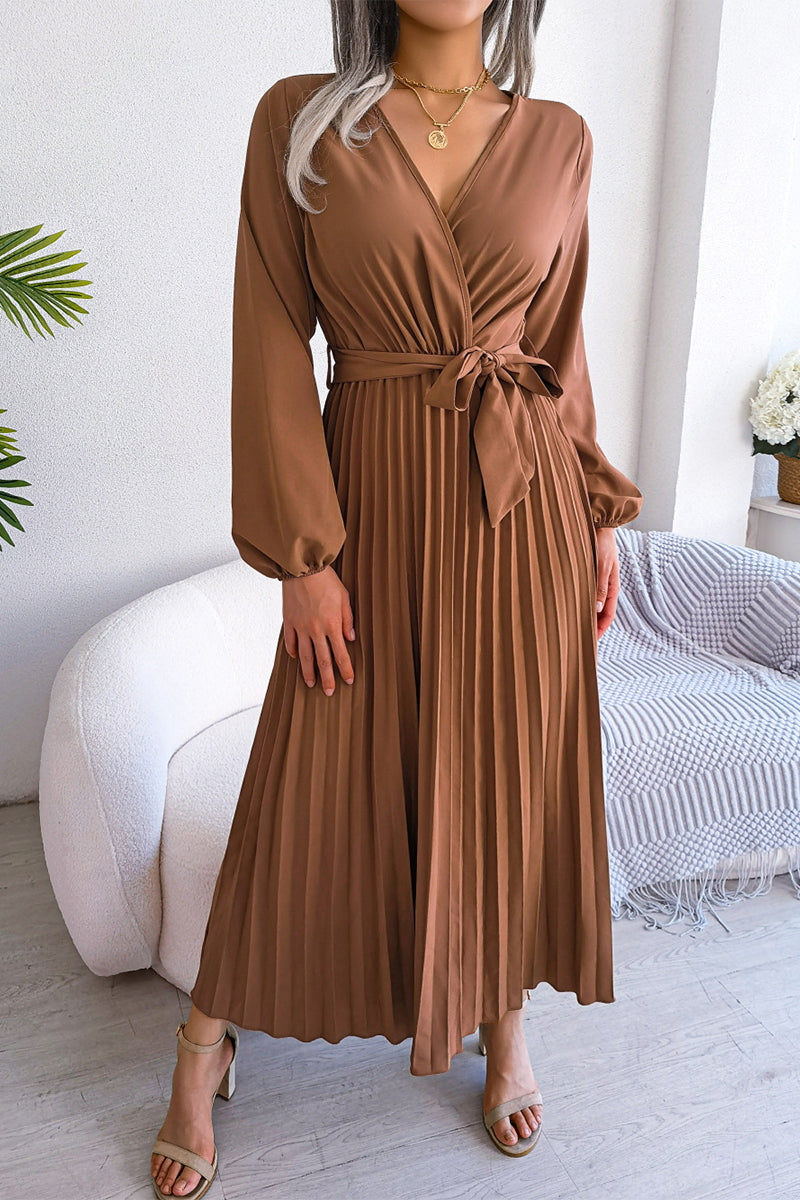 Kaynafashions - Elegant Solid Frenulum Fold V Neck Pleated Dresses(5 Colors)