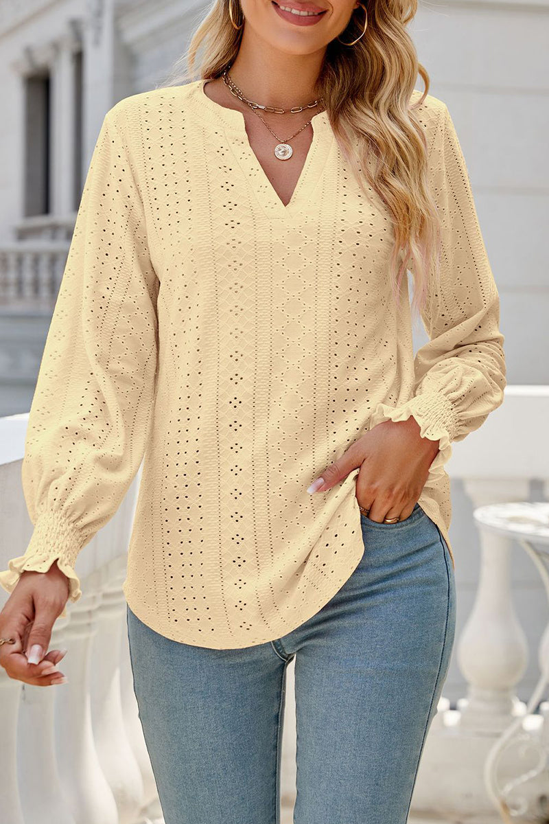 Kaynafashions - Casual Solid Hollowed Out Stringy Selvedge V Neck Tops