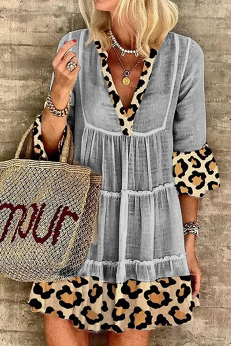 Kaynafashions - Casual Elegant Leopard Lace Patchwork V Neck A Line Dresses(3 Colors)