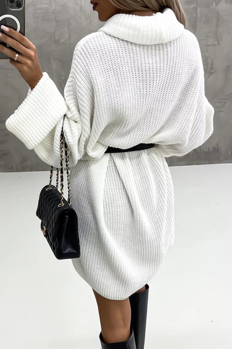 Kaynafashions - Elegant Solid Patchwork Turtleneck One Step Skirt Dresses