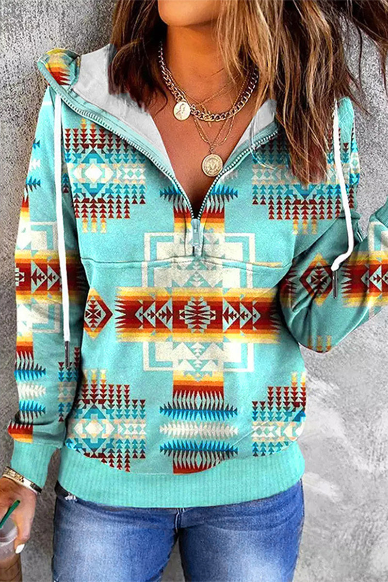 Kaynafashions - Casual Geometric Print Pocket Hooded Collar Plus Size Tops