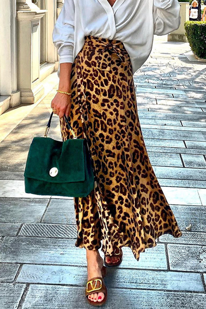 Kaynafashions - Satin Leopard Tie Front Elastic Waist Midi Skirt