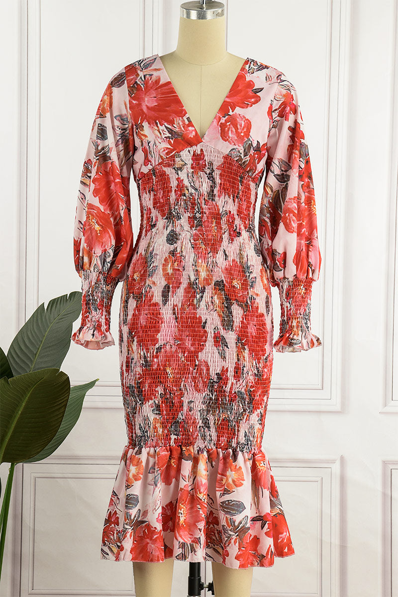 Kaynafashions - Sweet Elegant Print Patchwork V Neck Waist Skirt Dresses(4 Colors)