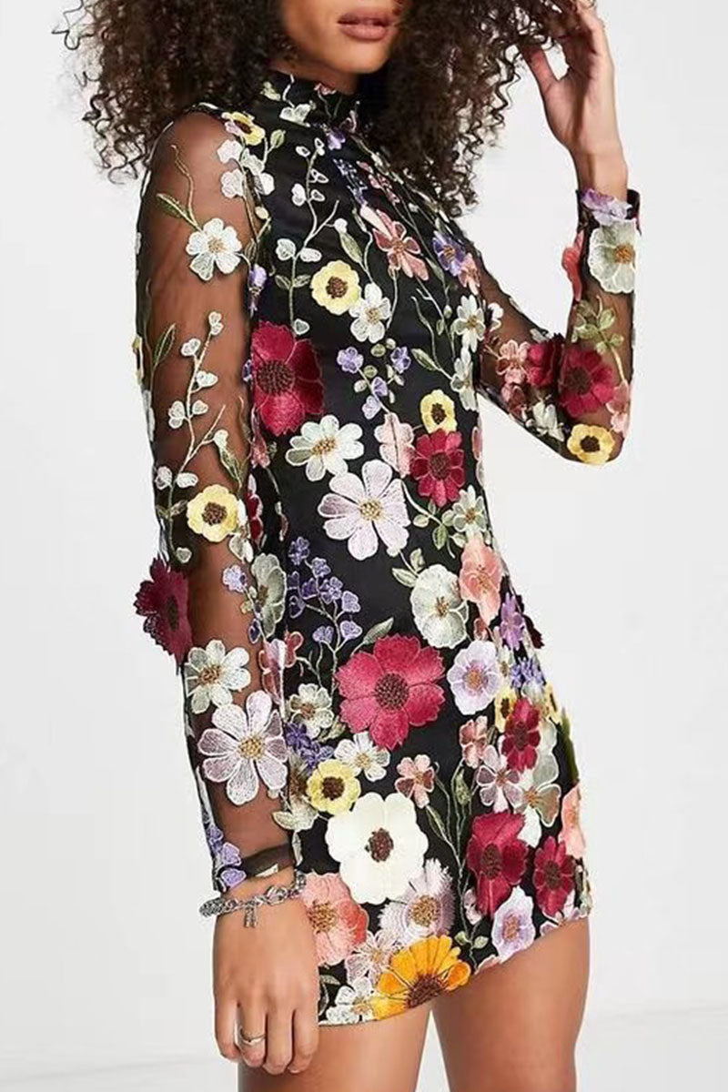 Kaynafashions - Sweet Patchwork Appliques Half A Turtleneck One Step Skirt Dresses