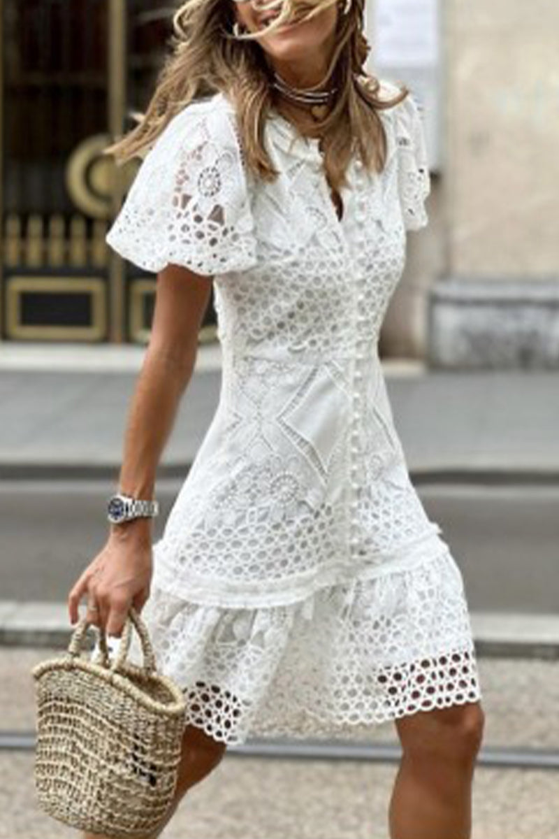 Kaynafashions - Celebrities Elegant Solid Lace Buttons O Neck Princess Short Sleeve Dress
