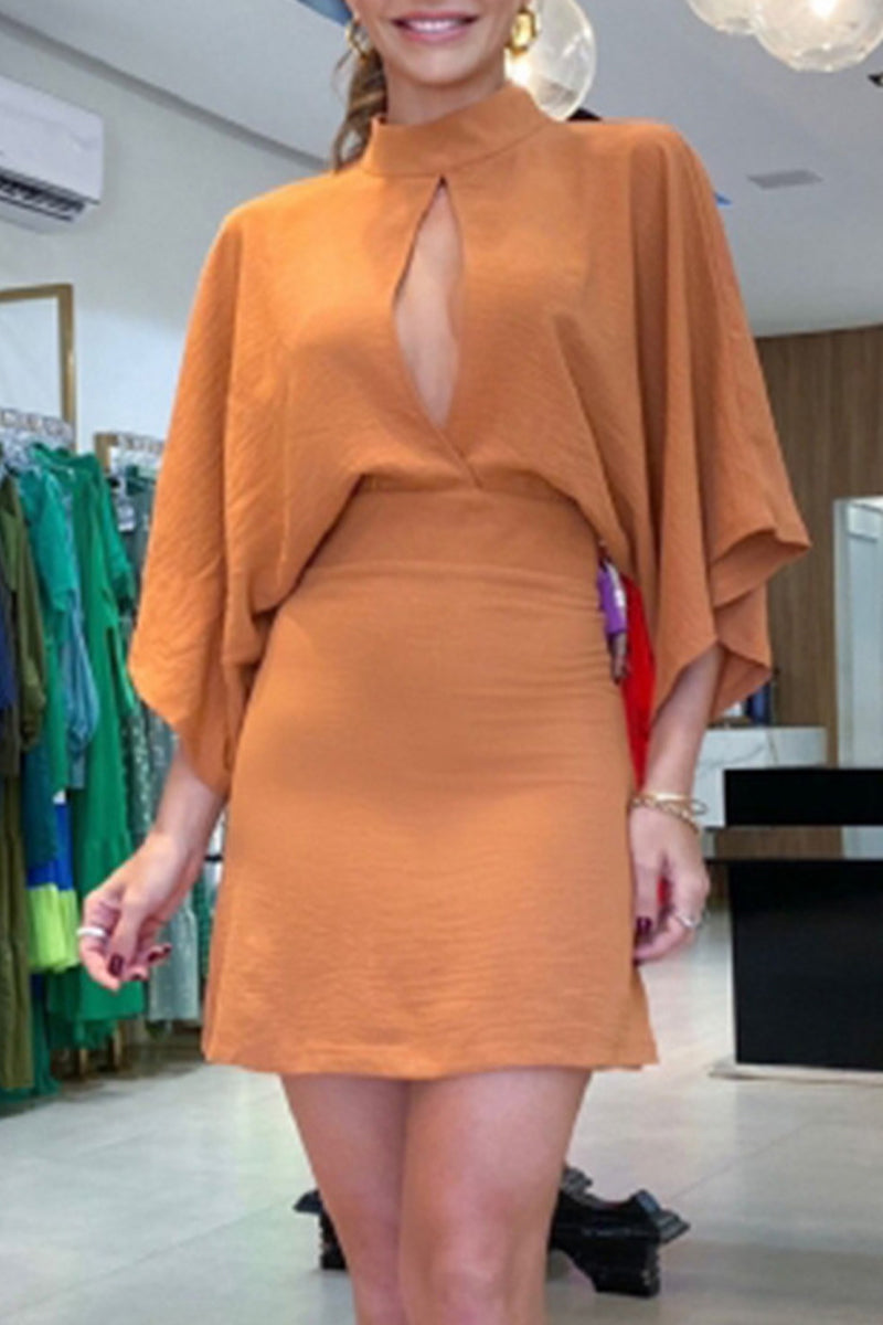 Kaynafashions - Casual Solid Slit Mandarin Collar A Line Dresses