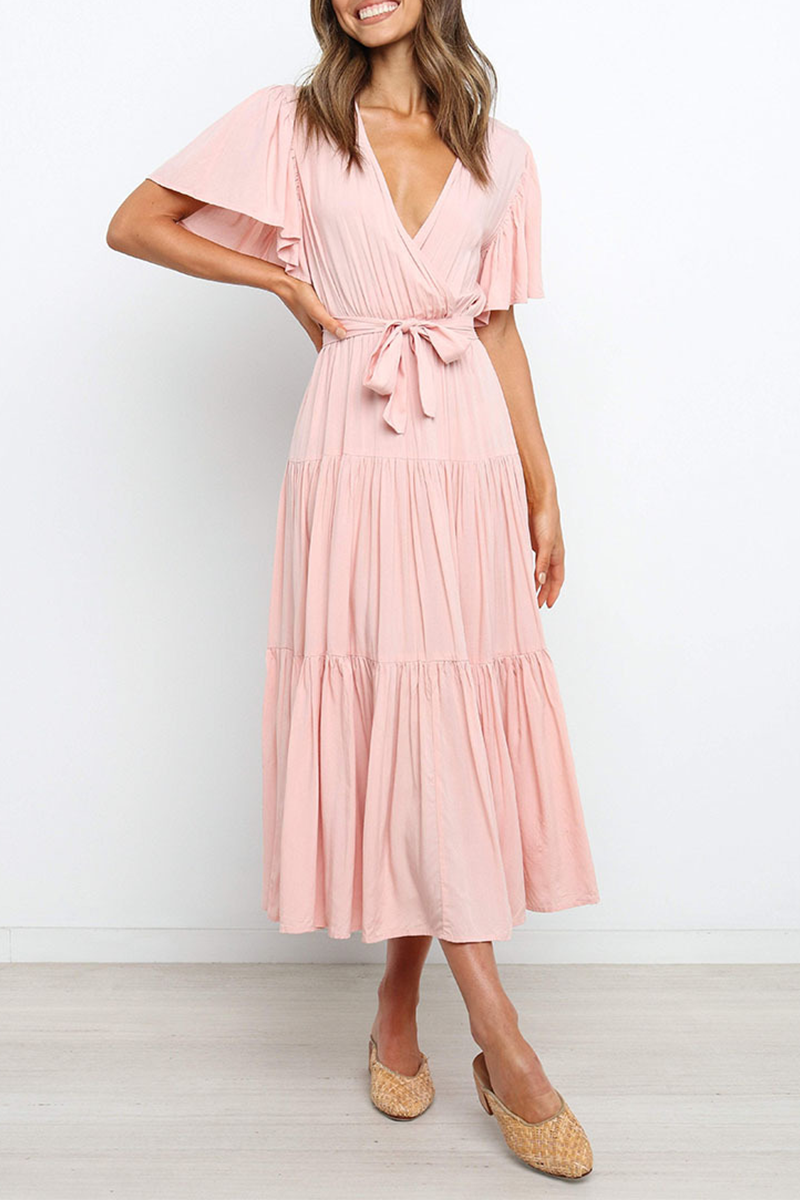 Kaynafashions - Casual Solid Patchwork V Neck Cake Skirt Dresses