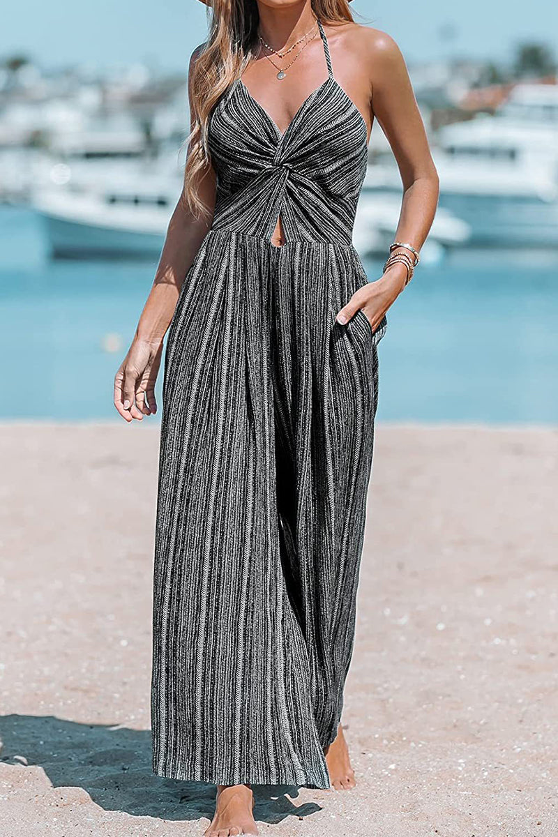 Kaynafashions - Daily College Striped Print Patchwork V Neck Loose Jumpsuits