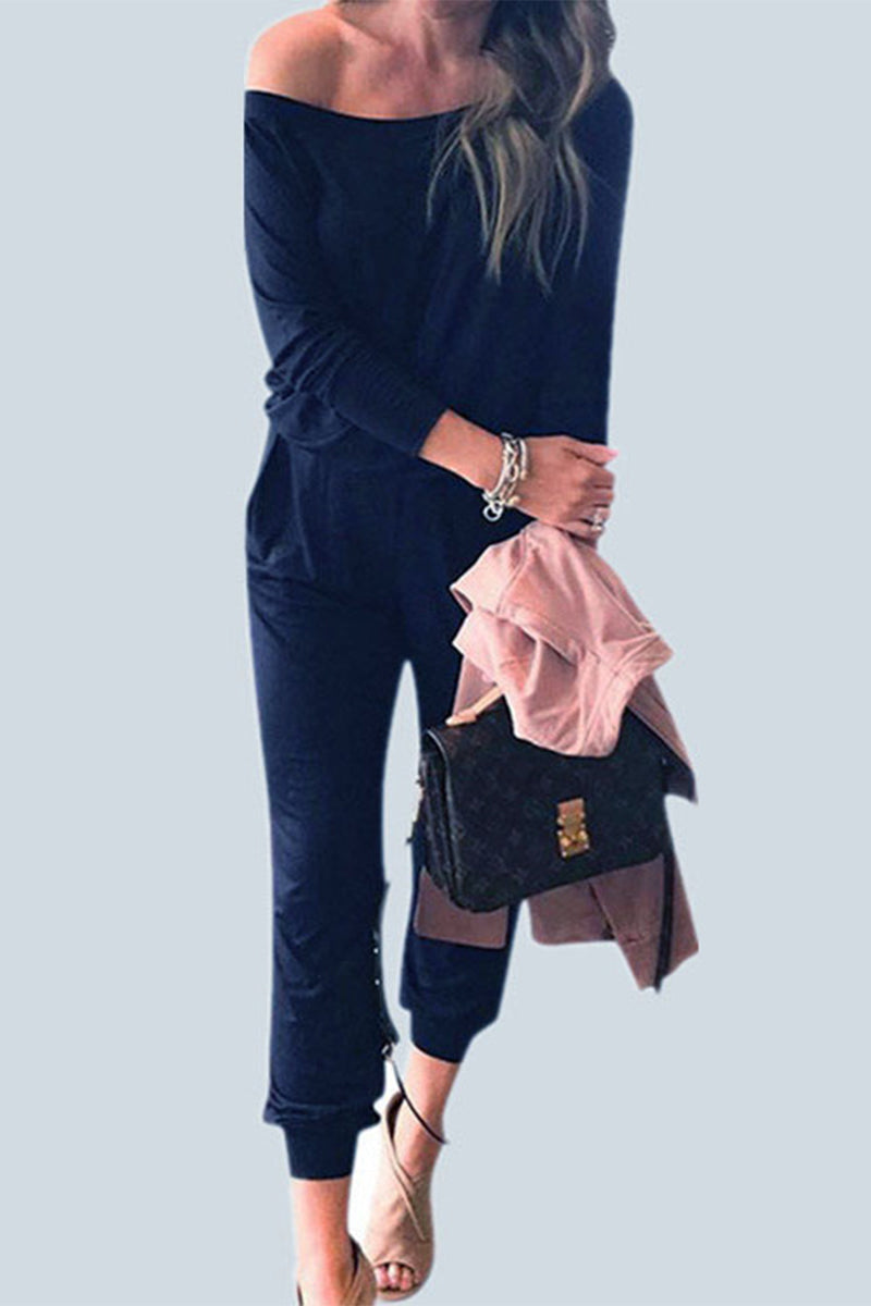 Kaynafashions - Casual Solid Pocket Oblique Collar Regular Jumpsuits