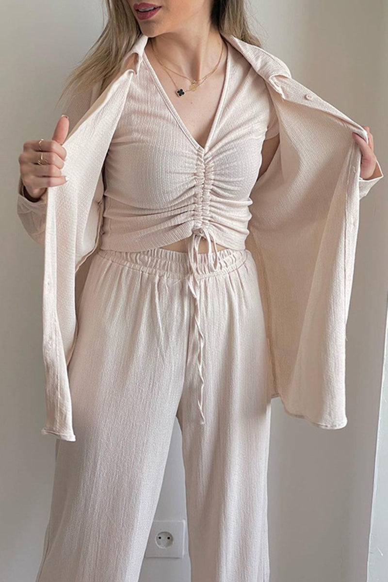 Kaynafashions - Casual Solid Draw String Fold Turndown Collar Long Sleeve Three Pieces(Shirt vest trousers)