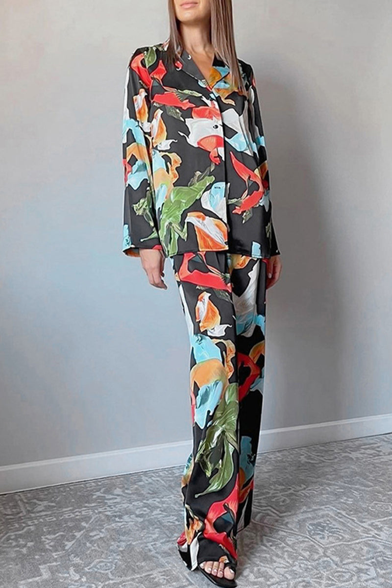 Kaynafashions - Casual Living Geometric Patchwork Turndown Collar Long Sleeve Two Pieces