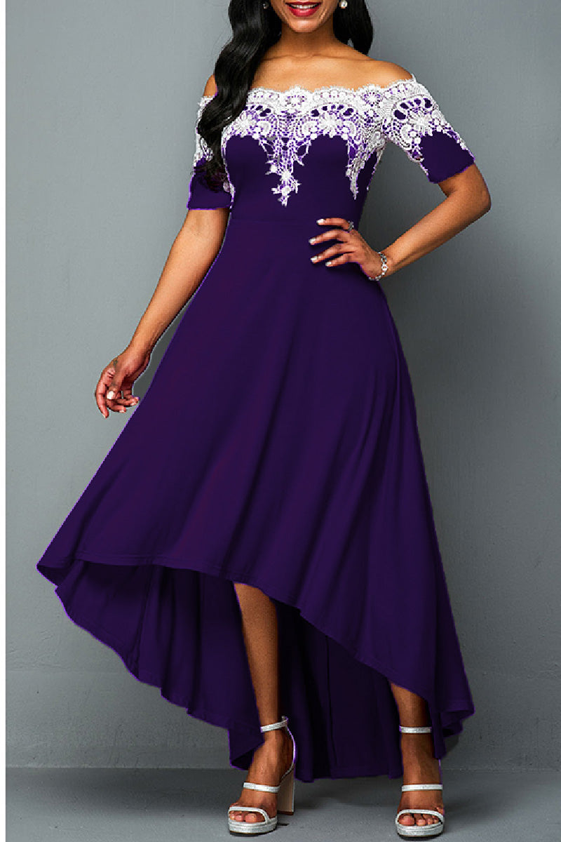 Kaynafashions - Casual Embroidery Patchwork Off the Shoulder Irregular Dress Dresses