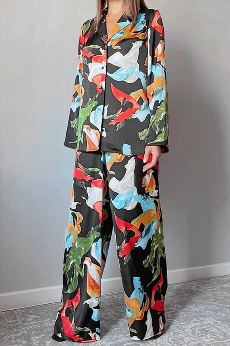 Kaynafashions - Casual Living Geometric Patchwork Turndown Collar Long Sleeve Two Pieces