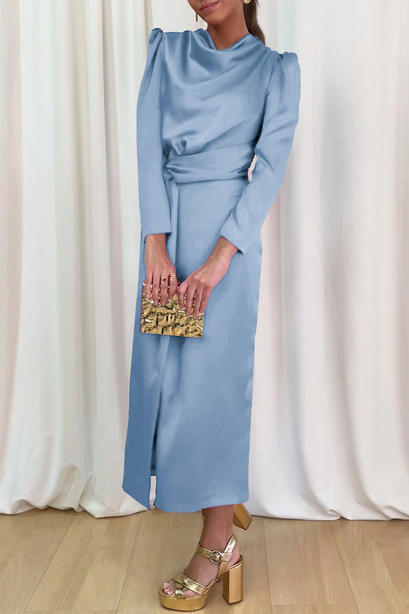 Kaynafashions - Celebrities Elegant Solid Slit Scarf Collar A Line Dresses