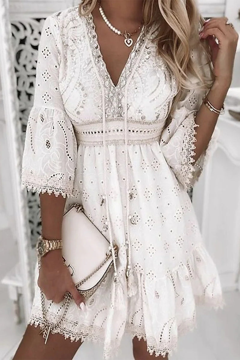 Kaynafashions - Sweet Elegant Solid Tassel Embroidered Hollowed Out V Neck A Line Dresses