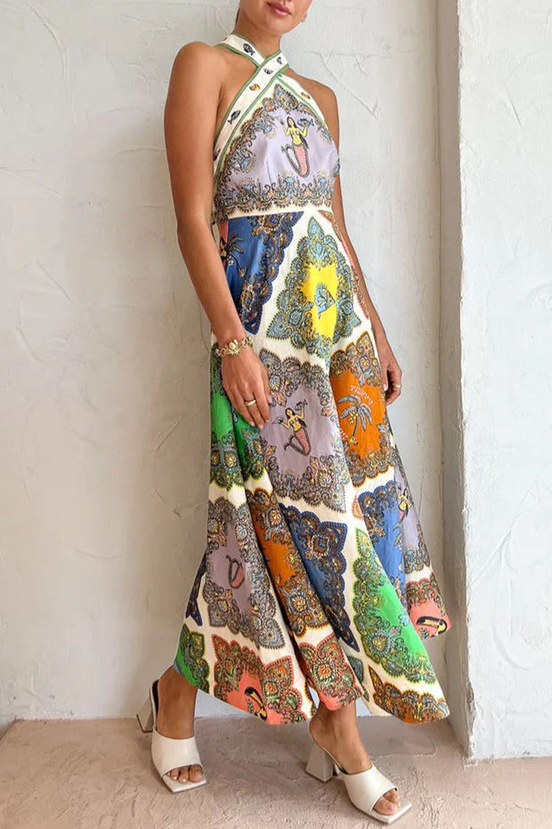 Kaynafashions - Sweet Cute Geometric Printing Halter Sleeveless Dress Dresses