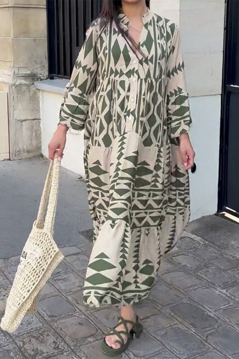 Kaynafashions - Casual Elegant Geometric Print Patchwork O Neck Printed Dress Dresses