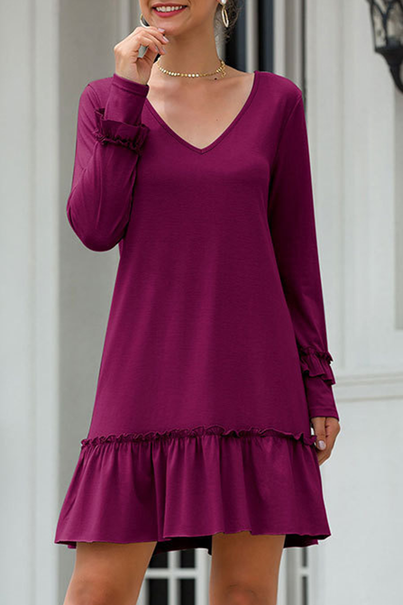 Kaynafashions - Casual Solid Flounce V Neck Straight Dresses(3 colors)