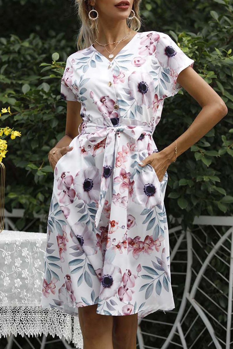 Kaynafashions - Elegant College Print Frenulum V Neck A Line Dresses(5 Colors)