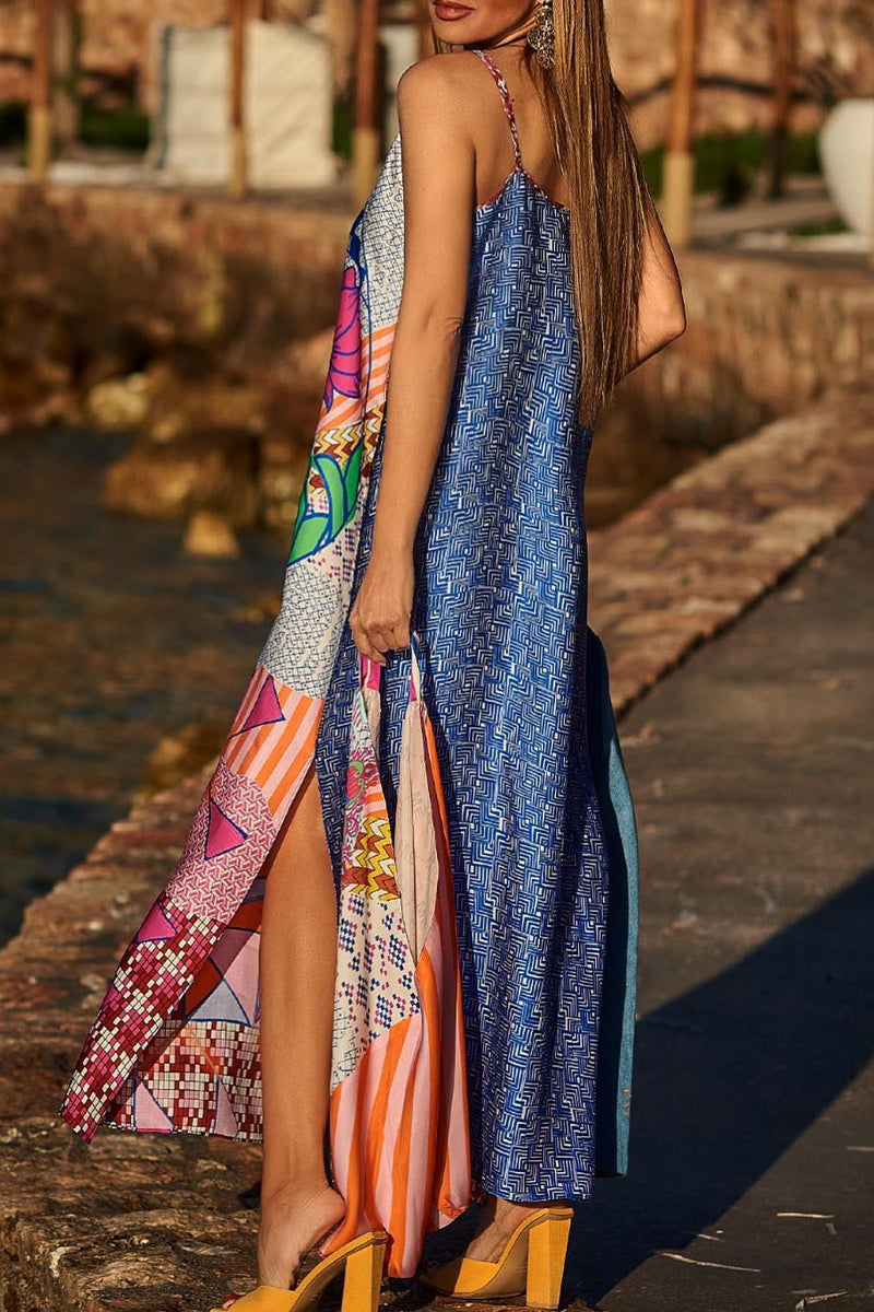 Kaynafashions - Casual Print Contrast V Neck Sling Dress Dresses