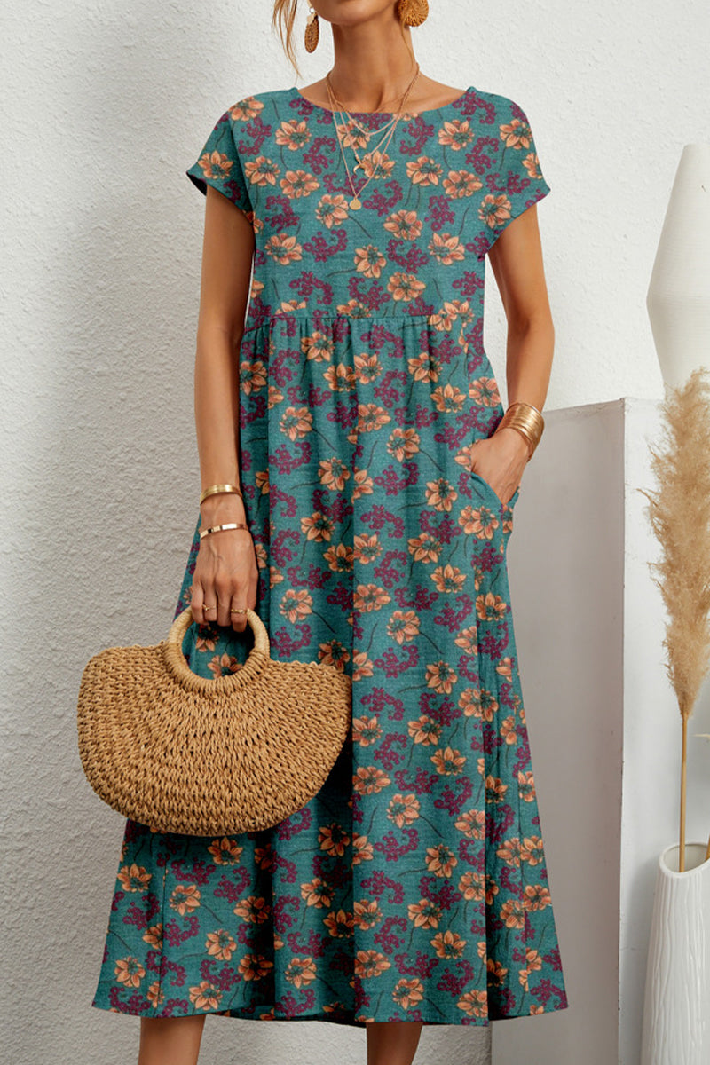 Kaynafashions - Casual Floral Pocket O Neck Printed Dress Dresses(9 Colors)