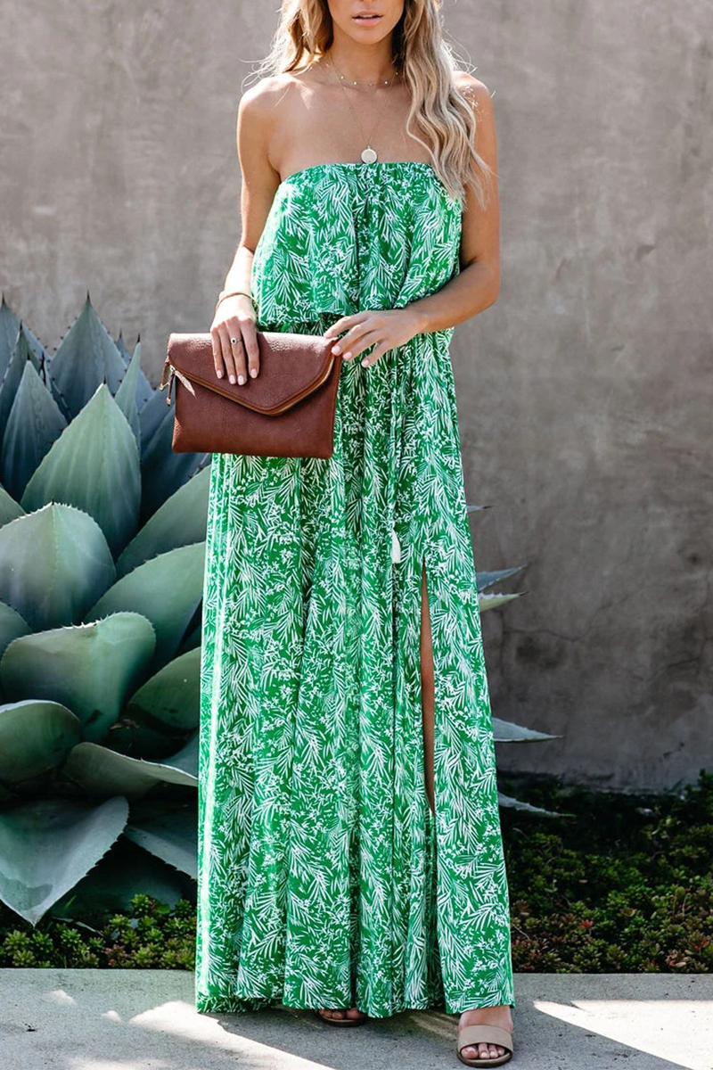 Kaynafashions - Casual Print Slit Strapless Waist Skirt Dresses