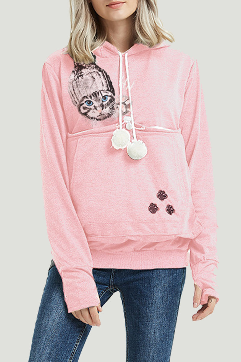 Kaynafashions - Casual Print Pocket Hooded Collar Tops