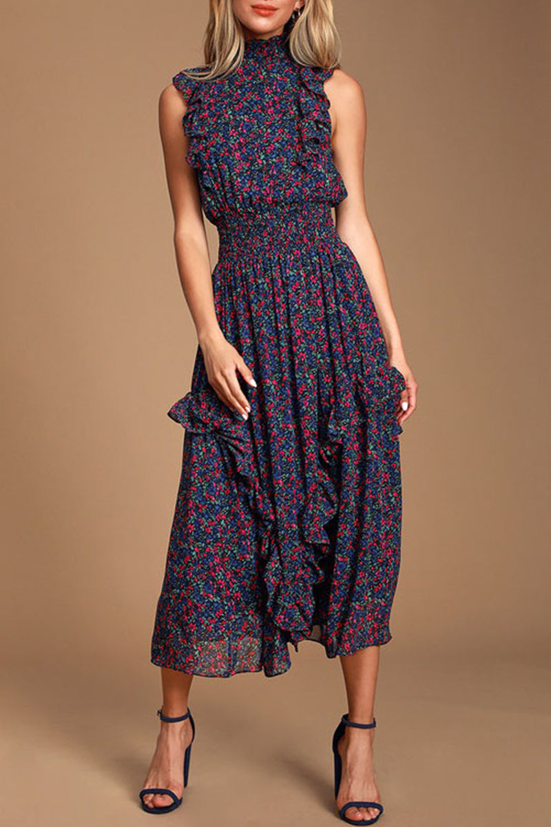 Kaynafashions - Elegant College Floral Patchwork Turtleneck Waist Skirt Dresses