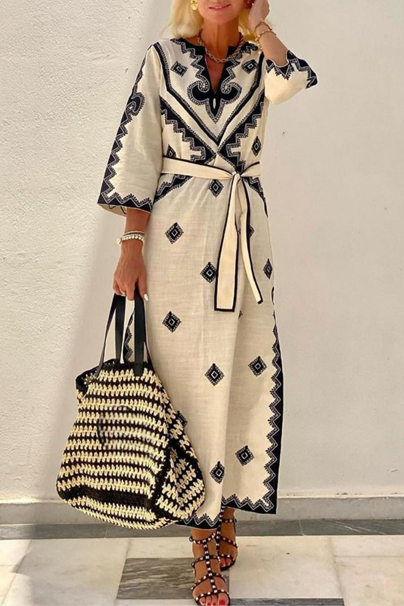 Kaynafashions - Bohemian Elegant Geometric Print With Belt V Neck A Line Dresses