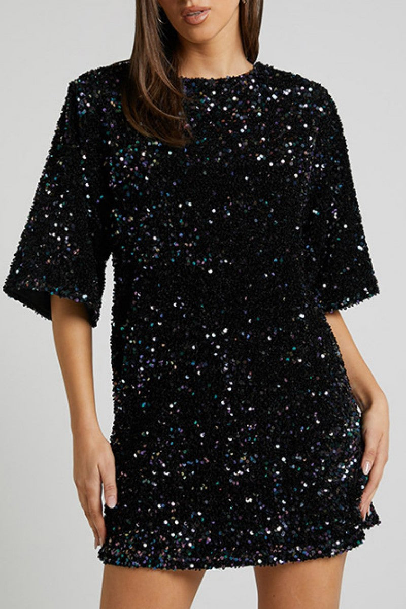 Kaynafashions - Casual Patchwork Sequins Frenulum Backless O Neck Dresses