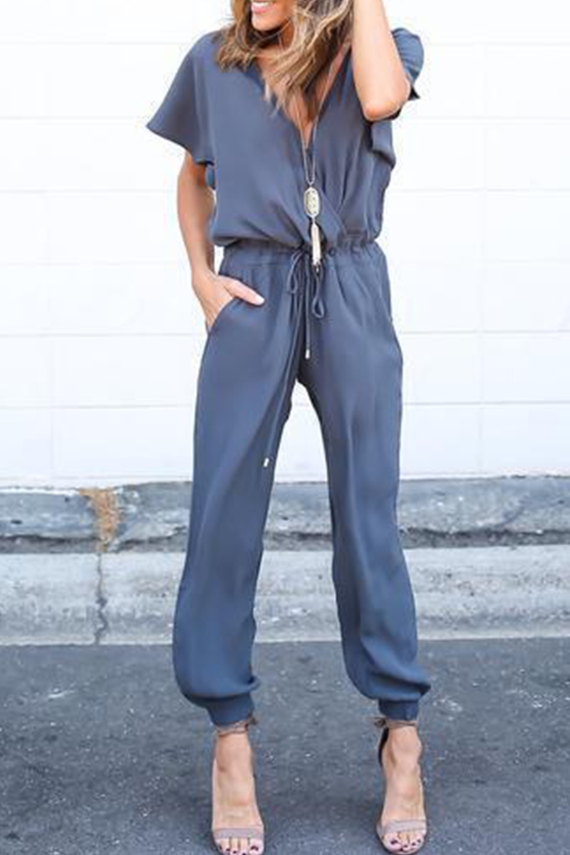 Kaynafashions - Casual Street Solid Frenulum V Neck Jumpsuits(3 Colors)