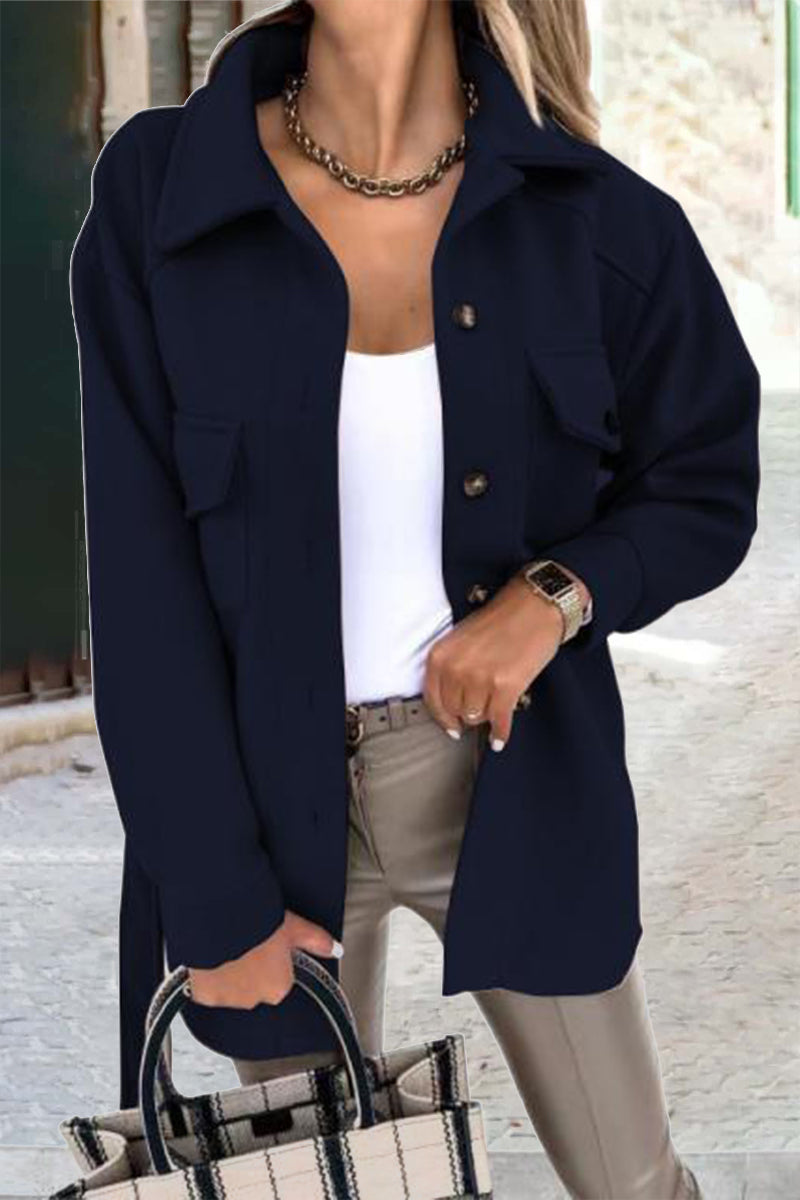 Kaynafashions - Solid With Belt Turn-back Collar Outerwear(8 colors)