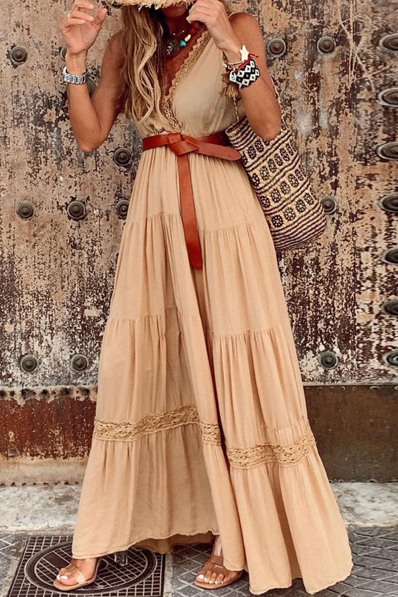 Kaynafashions - Fashion Street Solid Patchwork V Neck A Line Dresses