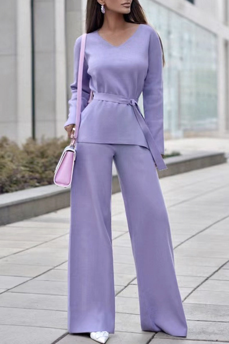 Kaynafashions - Casual Simplicity Solid Bandage V Neck Long Sleeve Two Pieces