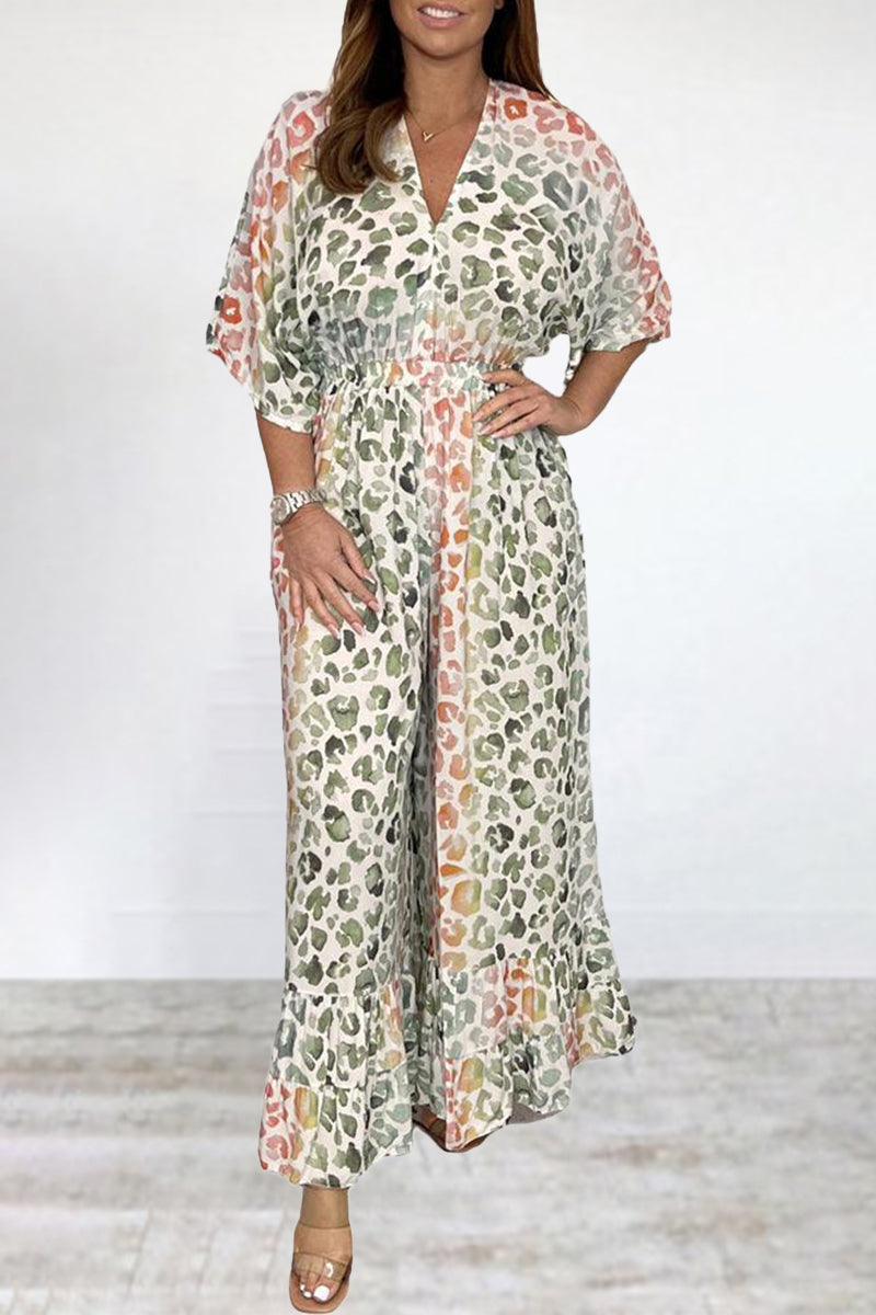 Kaynafashions - Bohemian College Print Backless V Neck Loose Jumpsuits