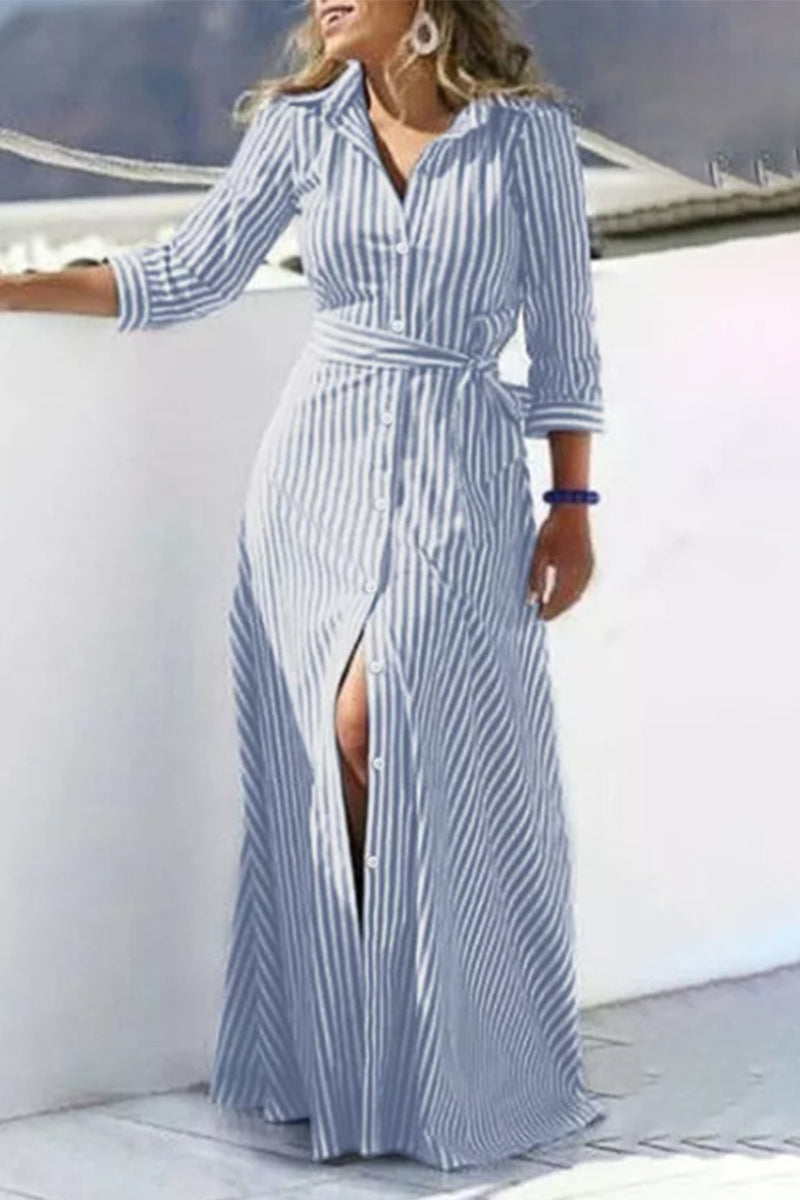 Kaynafashions - Casual Striped Patchwork Turndown Collar Shirt Dress Dresses
