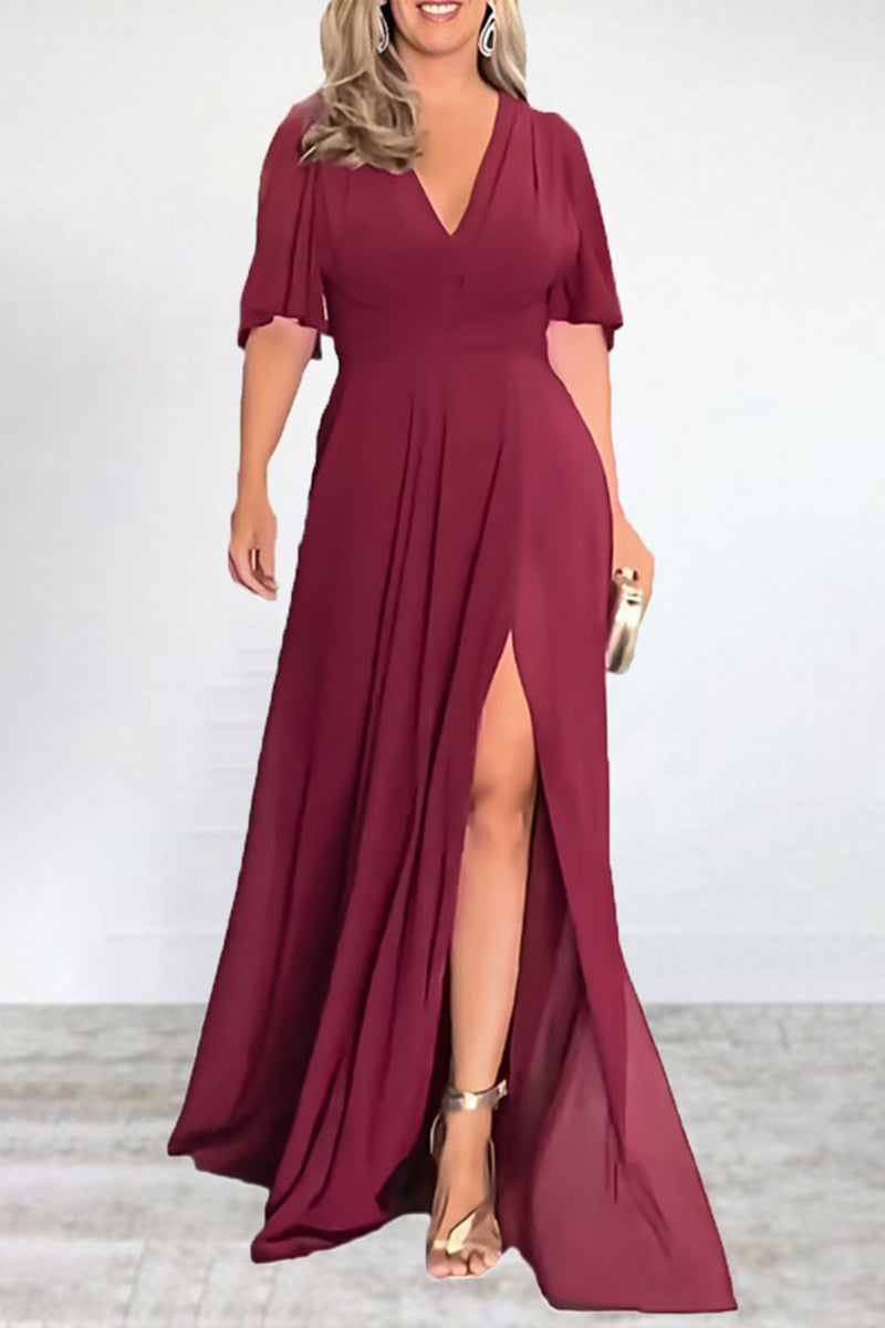 Kaynafashions - Elegant Solid Slit V Neck A Line Dresses