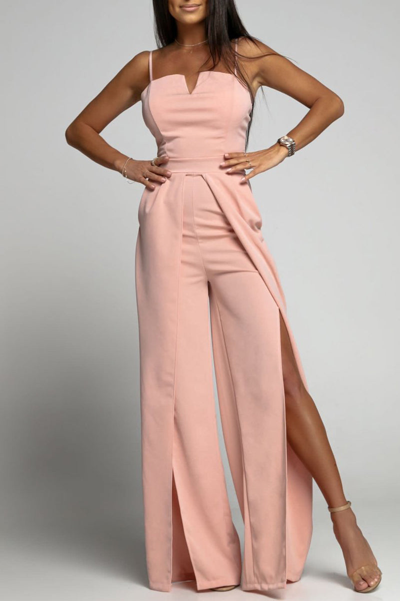 Kaynafashions - Celebrities Simplicity Solid Slit Solid Color Square Collar Regular Jumpsuits(6 Colors)