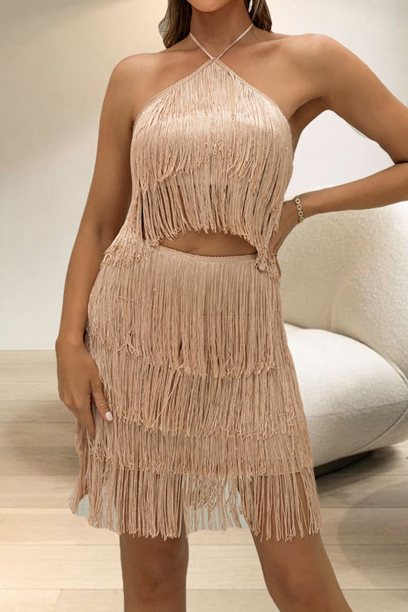 Kaynafashions - Sexy Solid Tassel Halter Sleeveless Two Pieces