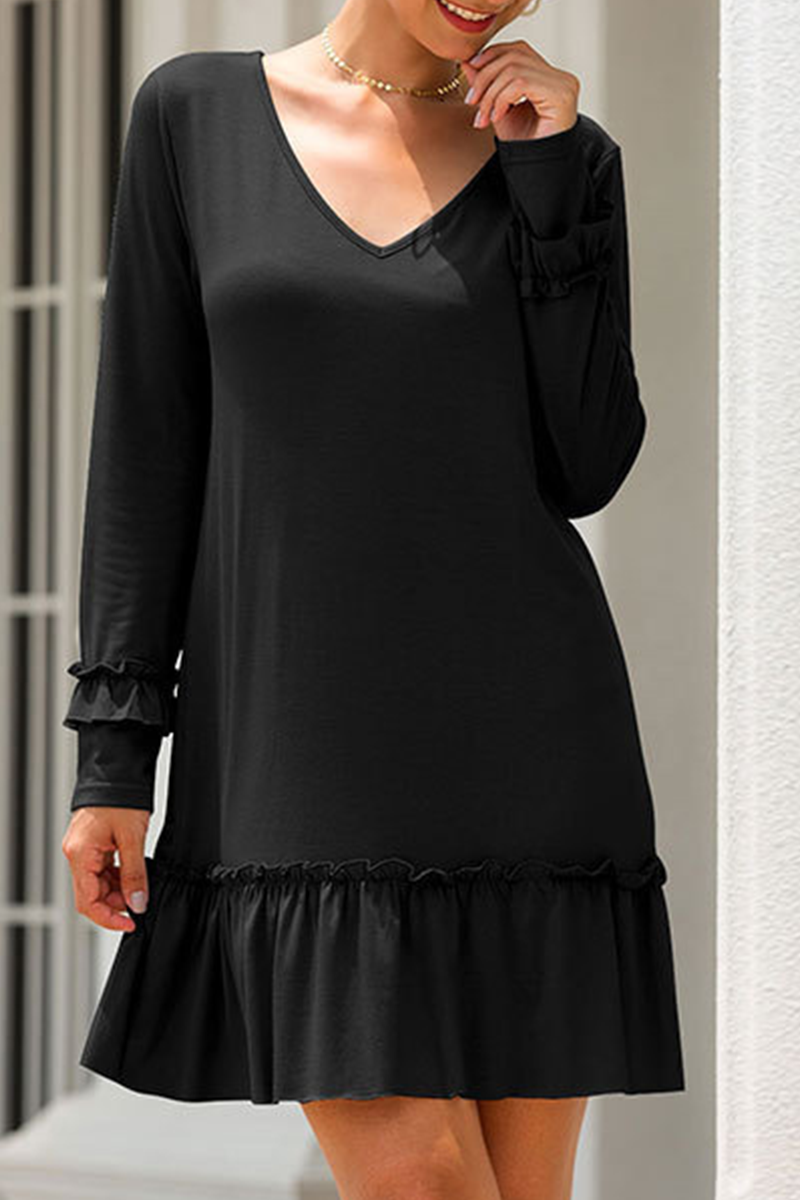 Kaynafashions - Casual Solid Flounce V Neck Straight Dresses(3 colors)
