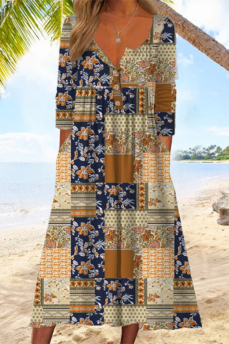 Kaynafashions - Casual College Color Block Pocket Buckle V Neck Dresses