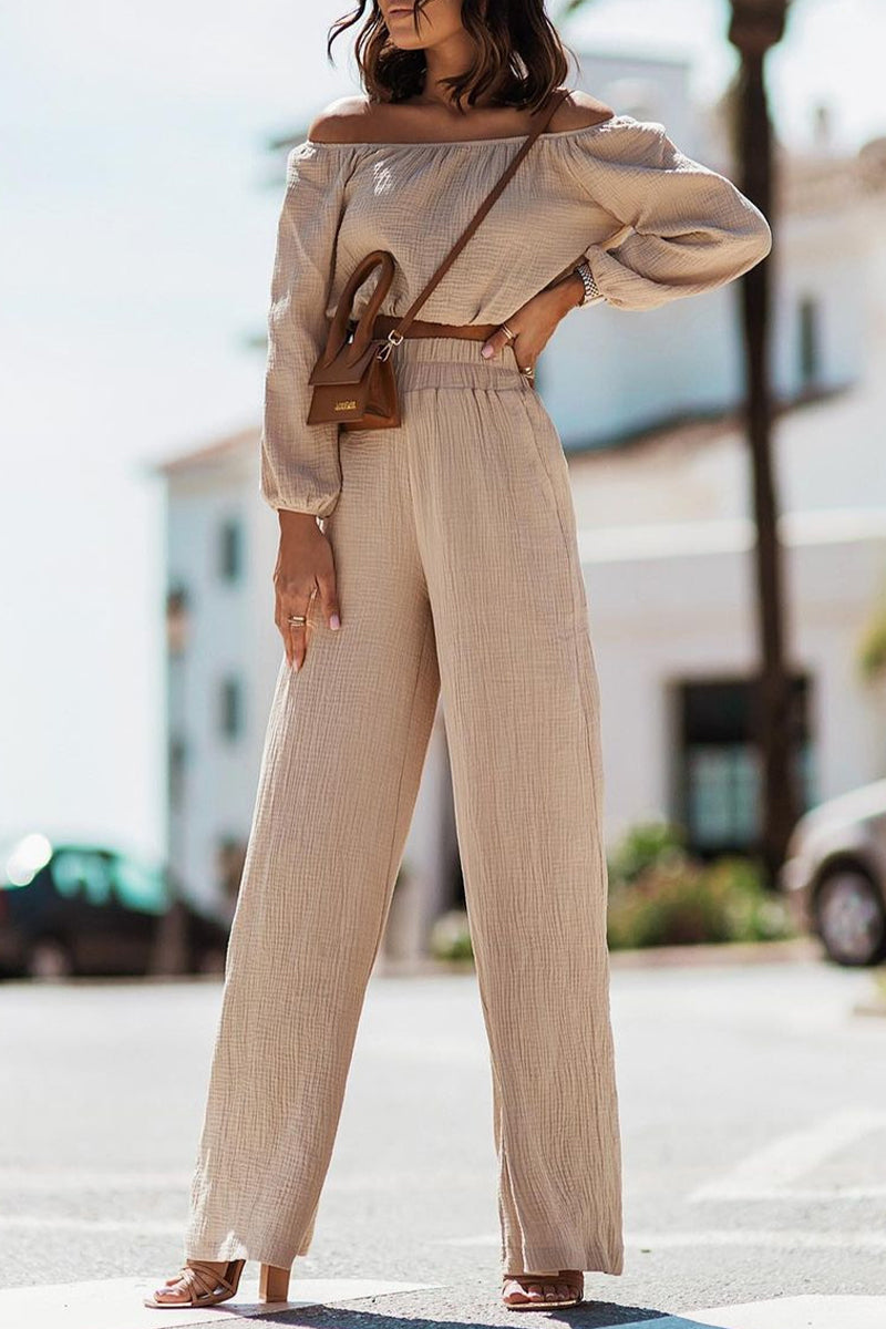 Kaynafashions - Casual Simplicity Solid Fold Off the Shoulder Long Sleeve Two Pieces