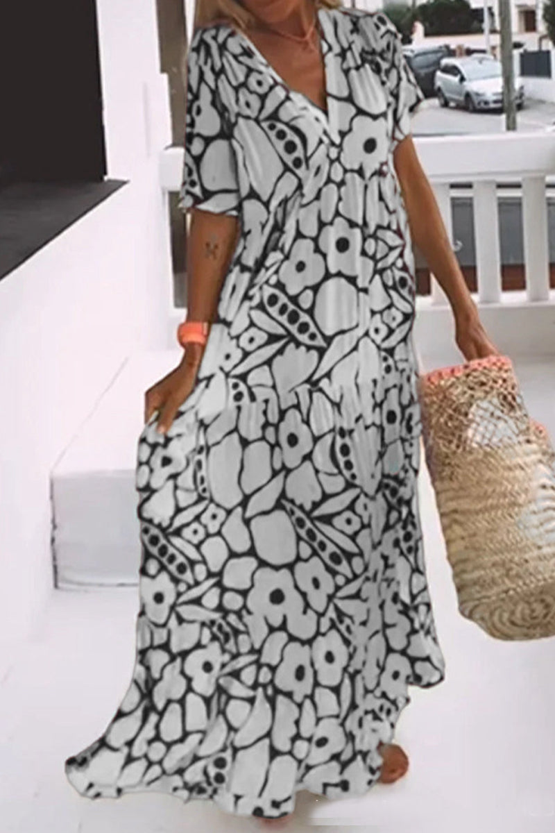 Kaynafashions - Elegant Geometric Printing V Neck A Line Dresses