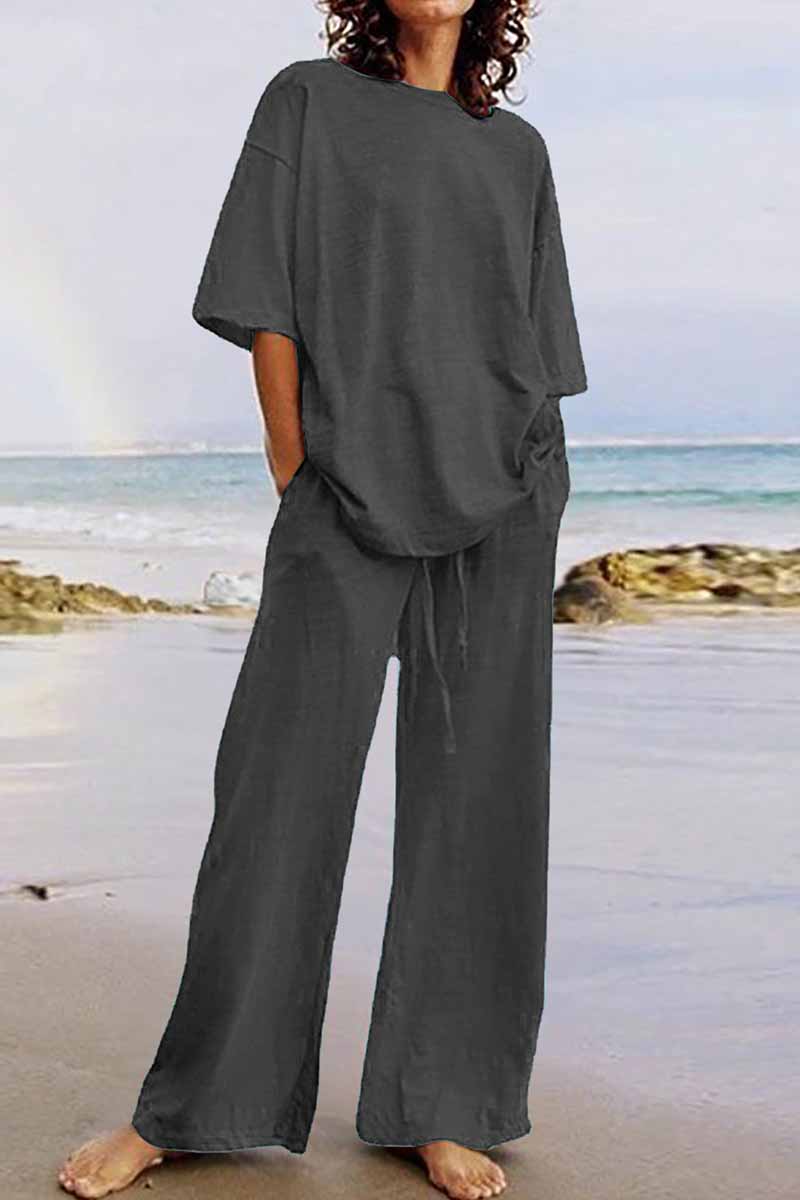 Kaynafashions - Casual Living Solid O Neck Short Sleeve Two Pieces(11 Colors)