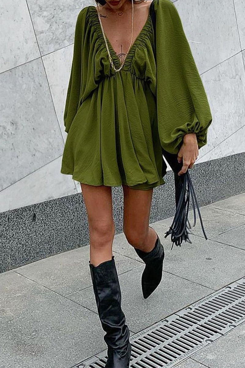 Kaynafashions - Sexy Simplicity Solid Flounce Fold V Neck Long Sleeve Dresses